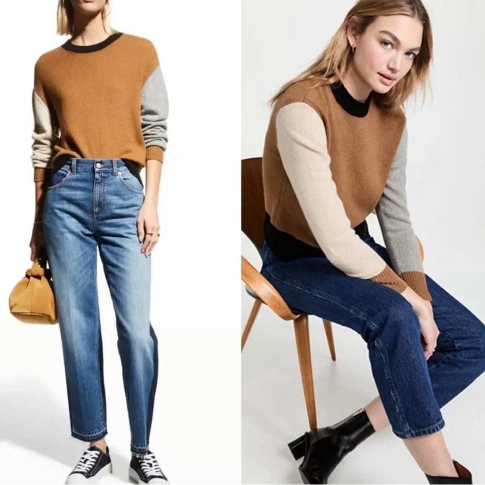 Frame Cashmere Colorblock Sweater Womens S Brown Gray Black Cream Crewneck - Picture 5 of 5